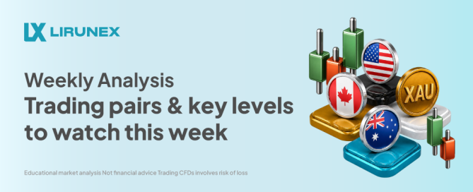 Lirunex weekly analysis cover, trading pairs and key levels to watch this week, gold AUD/USD and USD/CAD