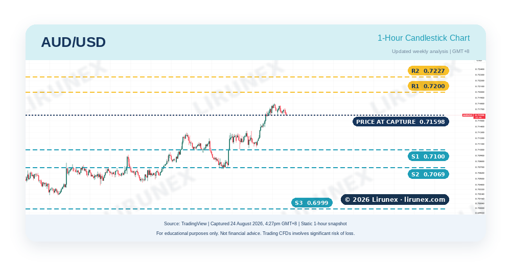 AUD/USD 1-hour chart with three support and three resistance levels before Australia CPI, pairs to watch this week Aug 2026