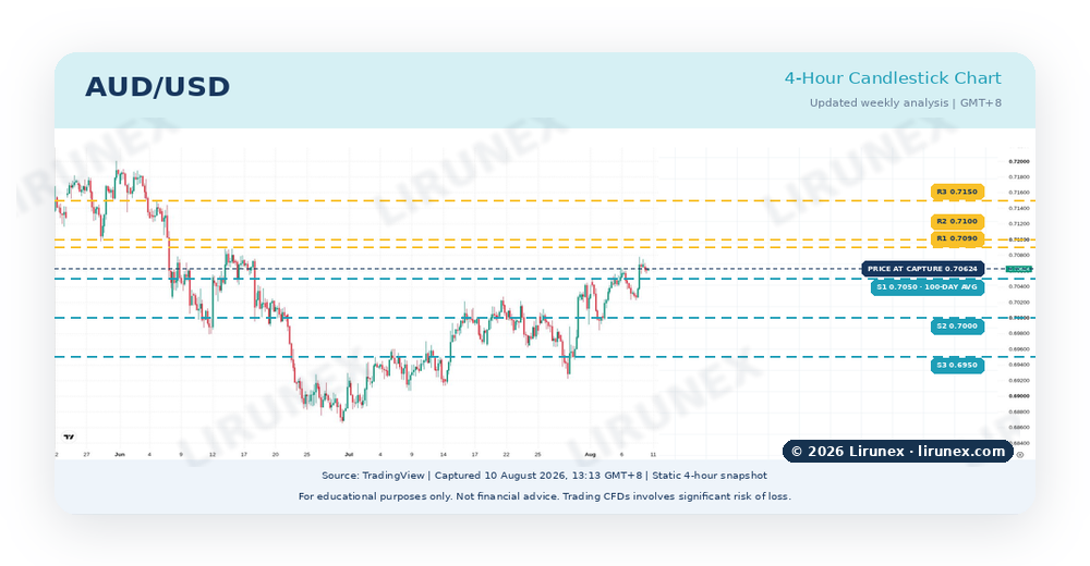 AUD/USD four-hour chart showing key support and resistance levels before the August 2026 RBA rate decision