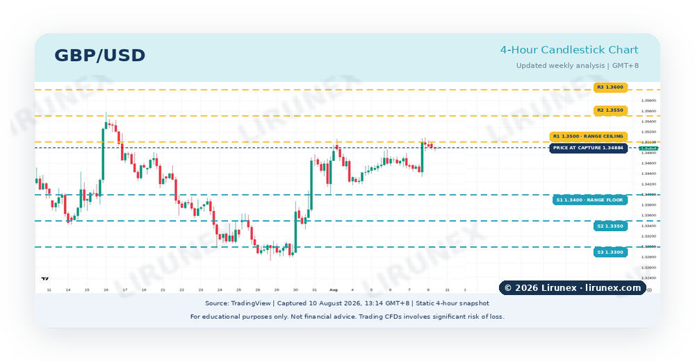 GBP/USD four-hour chart showing key support and resistance levels before UK GDP and US PPI data