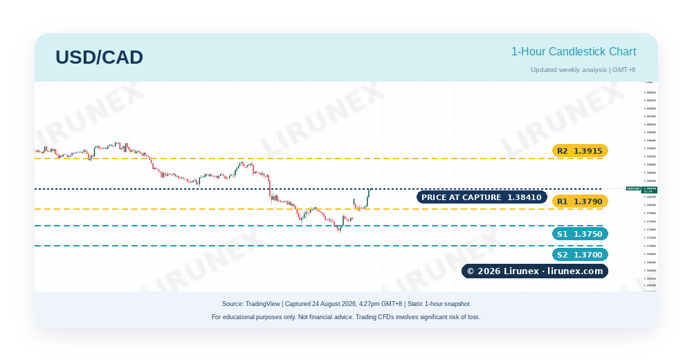 USD/CAD 1-hour chart with two support and two resistance levels before Canada GDP, pairs to watch this week Aug 2026