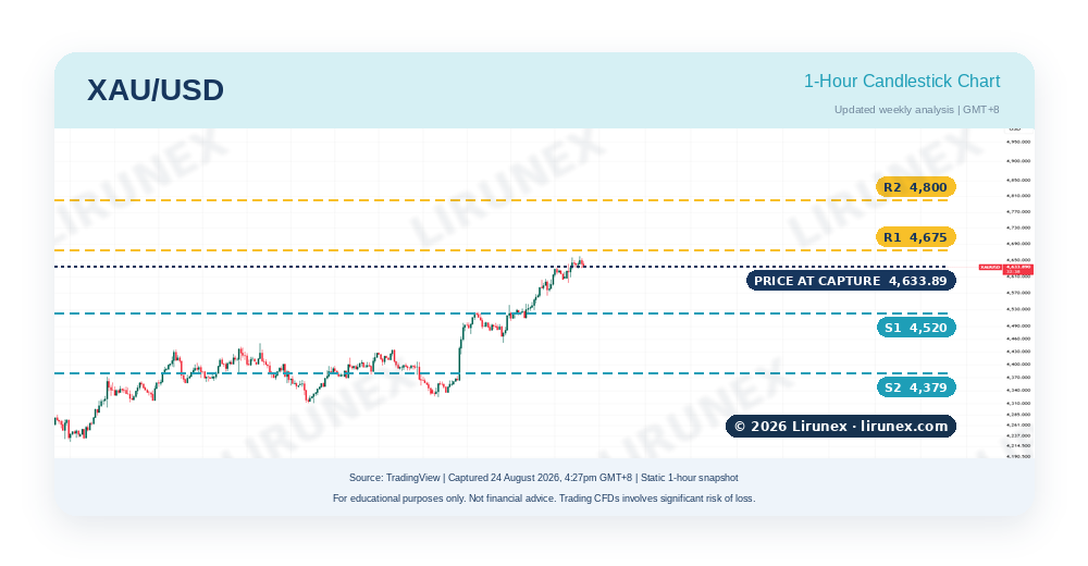 Gold XAU/USD 1-hour chart with two support and two resistance levels before US core PCE, pairs to watch this week Aug 2026