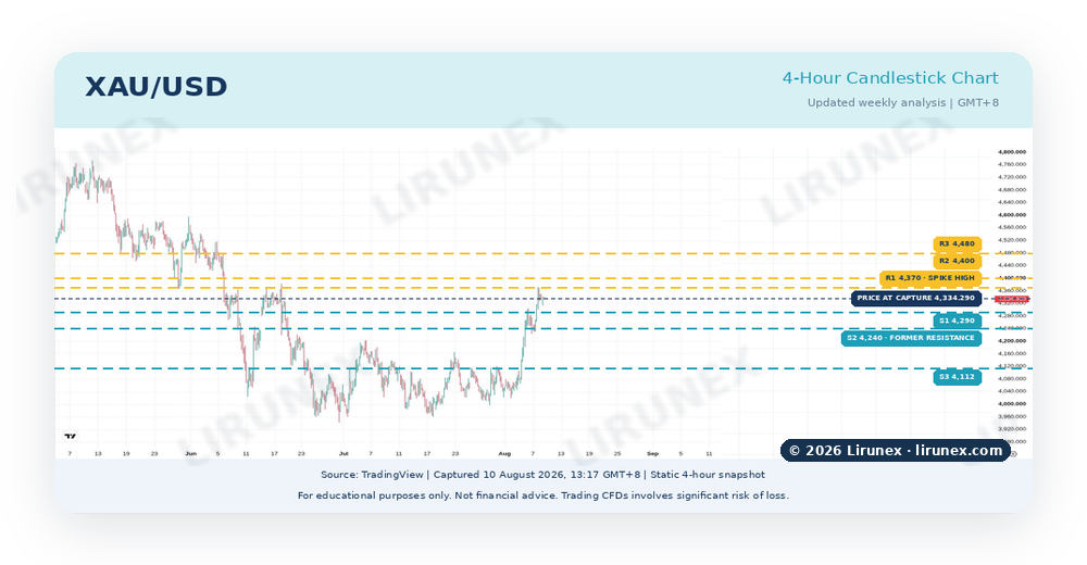 XAU/USD four-hour gold chart showing key support and resistance levels before the August 2026 US CPI release