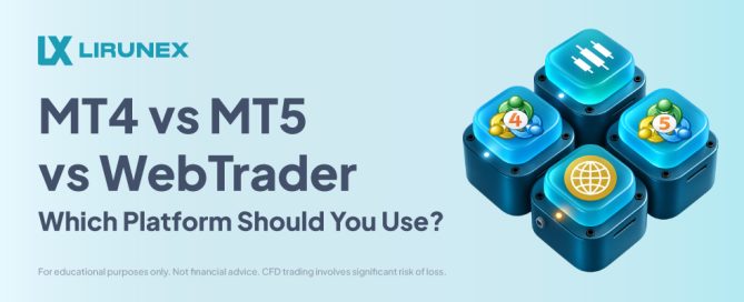 MT4 vs MT5 vs WebTrader: Which Platform Should You Use? Lirunex banner with MT4, MT5, and WebTrader icons
