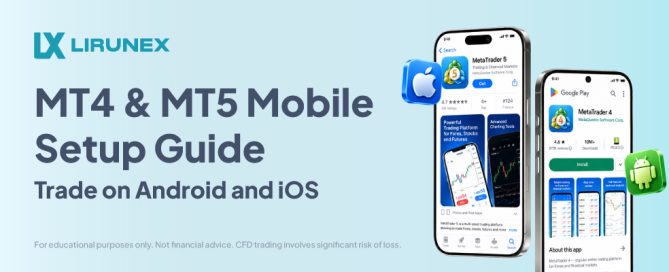 Lirunex MT4 and MT5 mobile setup banner with MetaTrader apps in the App Store and Google Play