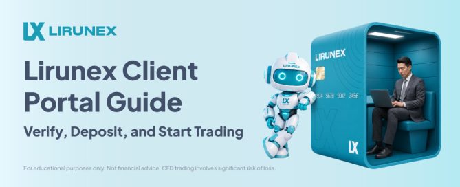 Lirunex Client Portal Guide: Verify, Deposit, and Start Trading, banner with a Lirunex assistant robot beside a trader using the Client Portal