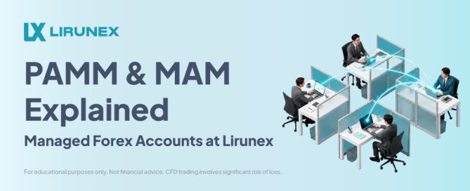 PAMM and MAM accounts explained banner, Lirunex logo with connected trading desks illustration