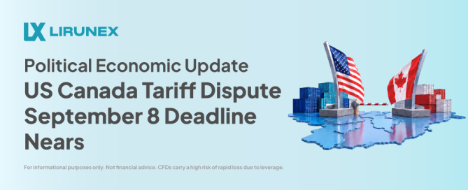 Header banner for the US-Canada tariff dispute article, showing US and Canada flags with shipping containers and a barrier gate symbolizing the September 8 deadline.