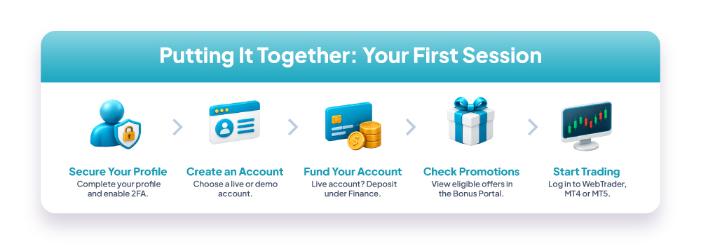 Five step first session flow: Secure your profile, Create an account, Fund your account, Check promotions, Start trading