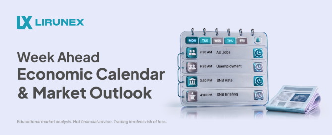 Lirunex weekly economic calendar cover showing Thursday's high impact events: Australia jobs report, unemployment rate, and the SNB rate decision and briefing for Sep 21 to 25, 2026