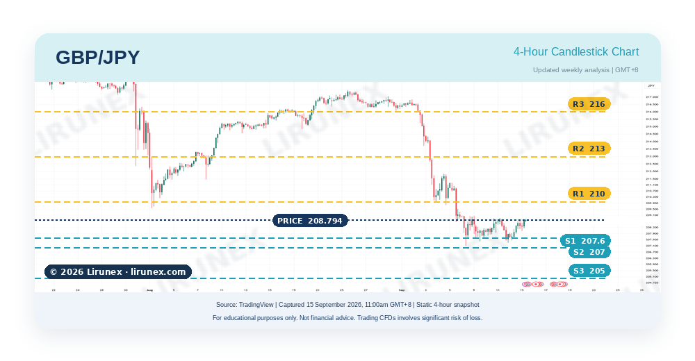GBP/JPY chart with key levels before the BoE and BoJ decisions, pairs to watch this week Sep 2026