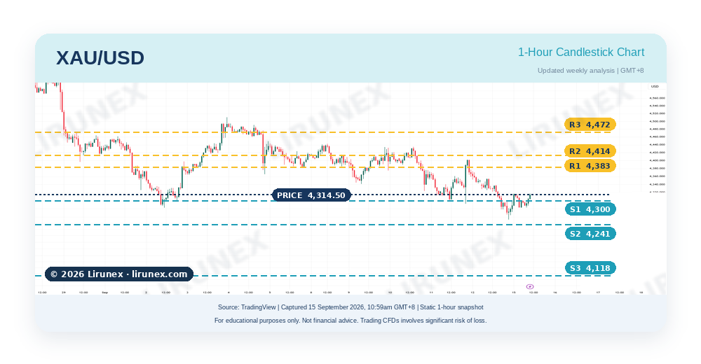 Gold XAU/USD chart with key levels before the Fed rate decision, pairs to watch this week Sep 2026