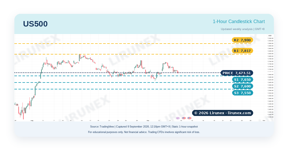 US500 S&P 500 chart with key levels before US CPI and the ECB rate decision, Sep 2026