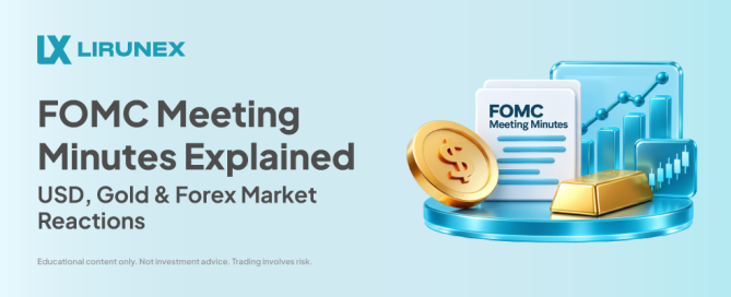 FOMC meeting minutes explained, Lirunex cover showing USD, gold and forex market reactions