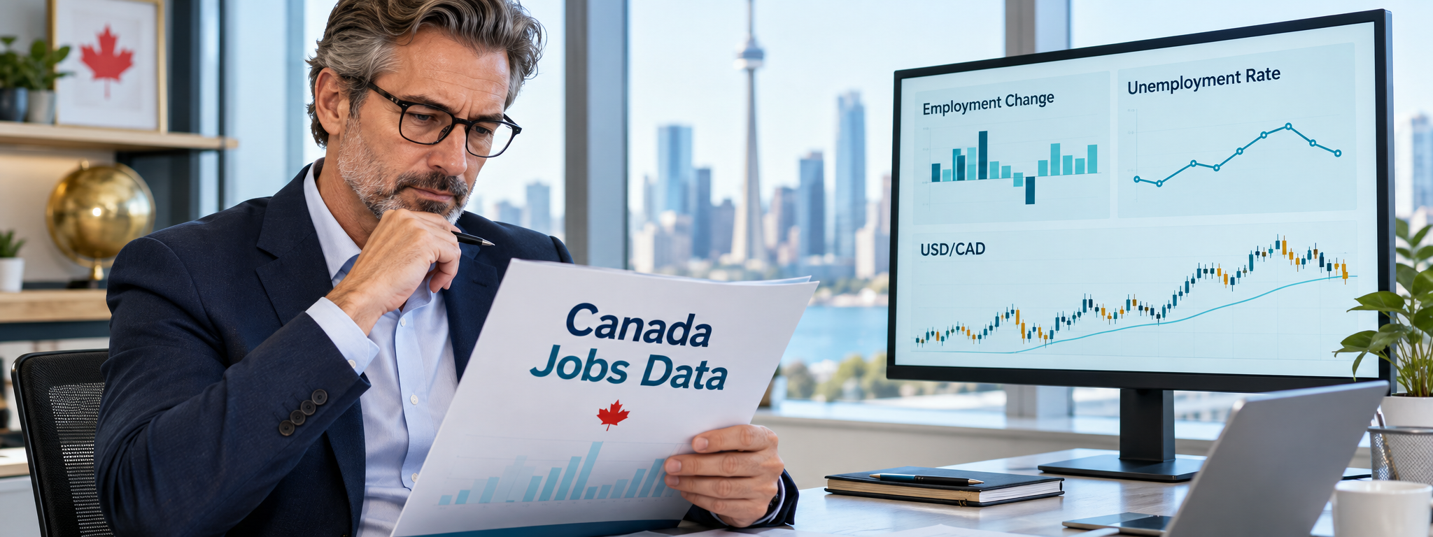 Analyst reading a Canada jobs data report with Employment Change, Unemployment Rate and USD/CAD charts on screen