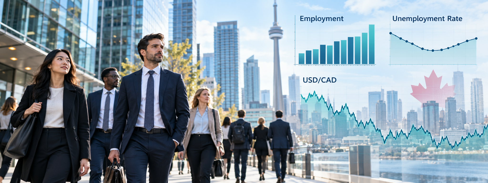 Canada jobs data report flowing into employment and unemployment charts and a USD/CAD price chart