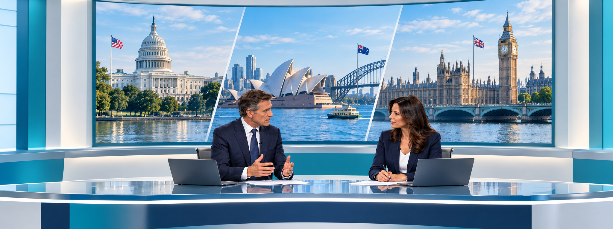 US CPI and retail sales in focus as a financial newsroom covers the US Capitol, the Sydney skyline and the Houses of Parliament