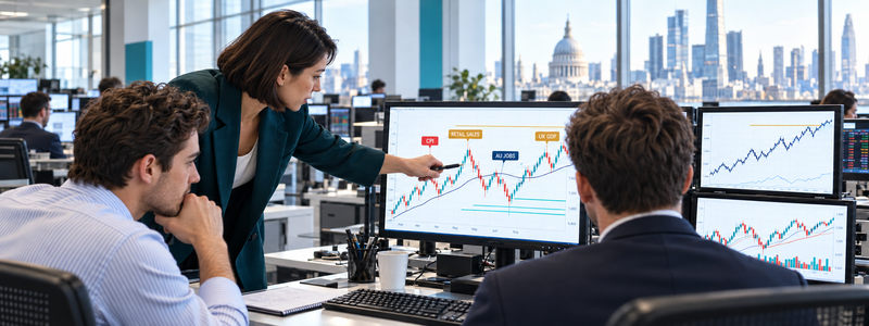 Traders reviewing CPI, retail sales, Australian jobs and UK GDP releases on screen during the US CPI preview week, October 2026