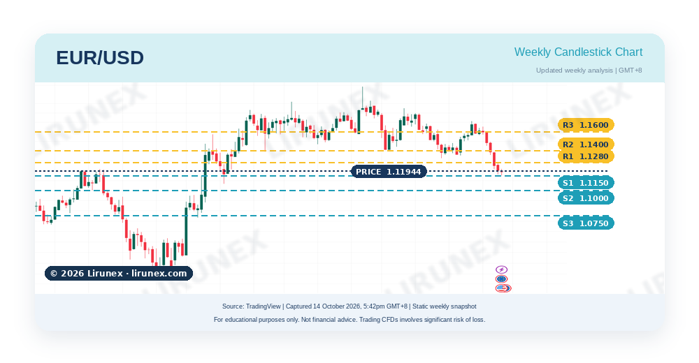 EUR/USD weekly candlestick chart showing five consecutive red weeks into the US CPI preview, October 2026