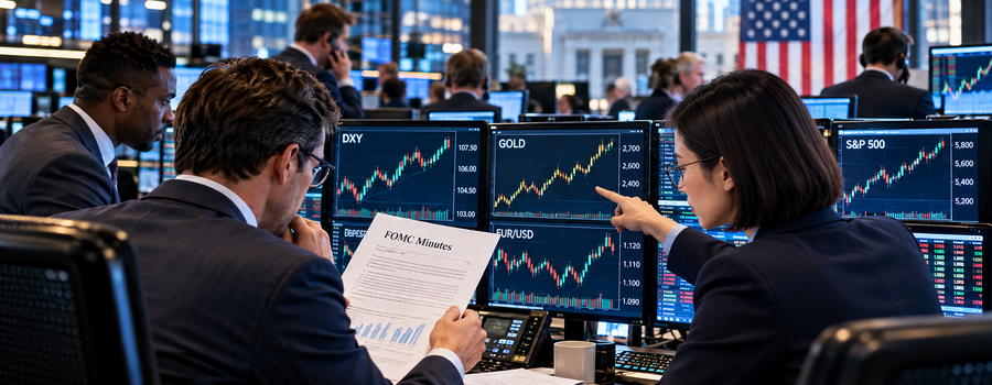 FOMC meeting minutes being reviewed on a trading floor with DXY, gold, EUR/USD and S&P 500 charts on screen