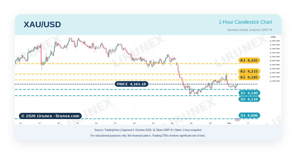 : Gold XAU/USD 1-hour chart with support and resistance levels after the 4% drop, before nonfarm payrolls September 2026