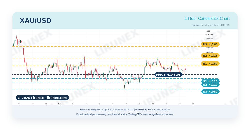 Gold XAU/USD 1-hour chart with support and resistance levels before the US CPI preview release, October 2026