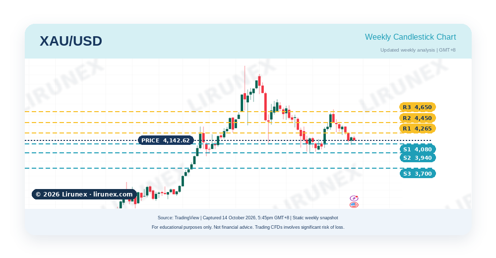Gold XAU/USD weekly candlestick chart showing the rebound inside a lower-high, lower-low structure before the US CPI preview, October 2026