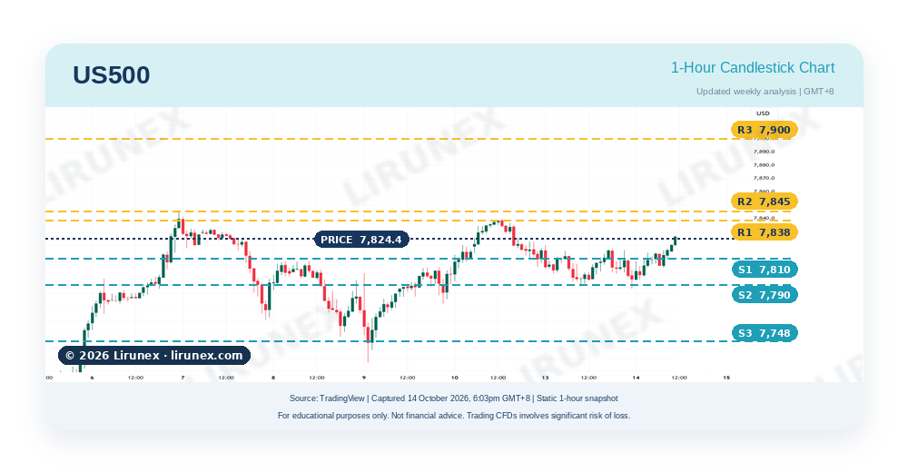 US500 S&P 500 1-hour chart with support and resistance levels before bank earnings and the US CPI preview release, October 2026