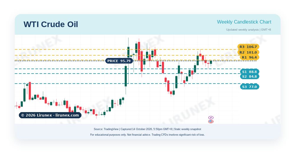 WTI crude oil weekly candlestick chart showing four weeks of lower highs and lower lows from the September peak, US CPI preview week October 2026